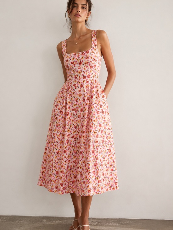 Free Assembly Dresses & Skirts - 🌸Free Assembly Pink Floral Cotton Midi Dress | L | Lined | Pockets